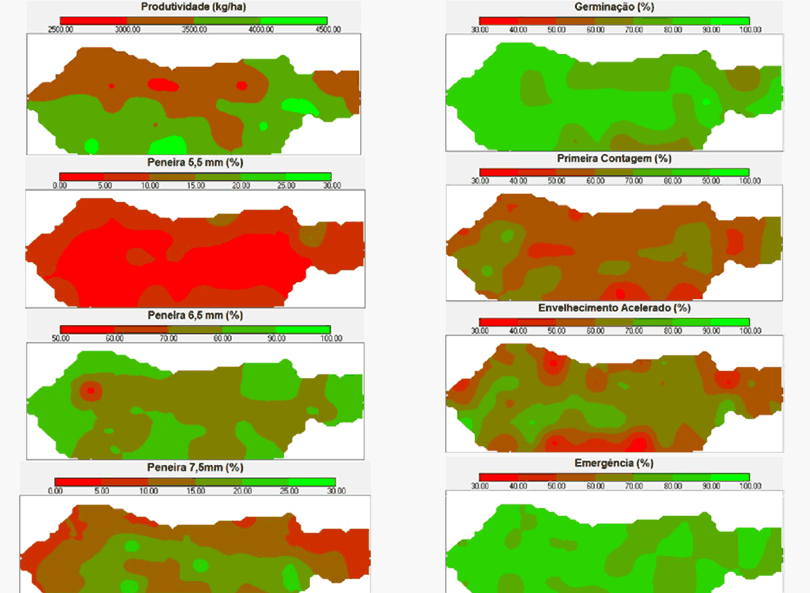 Mapas de variabilidade espacial da produtividade, tamanho de semente (peneira 5,5; 6,5 e 7,5 mm), germinação, primeira contagem, envelhecimento acelerado e emergência de soja na safra 2008/09. MATTIONI, Nilson Matheus.